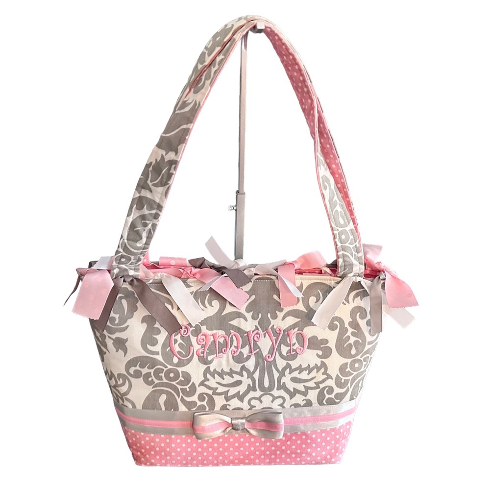 Personalized Gray & Pink Fabric Handcrafted Embroidered “Camryn” Tote/Diaper Bag